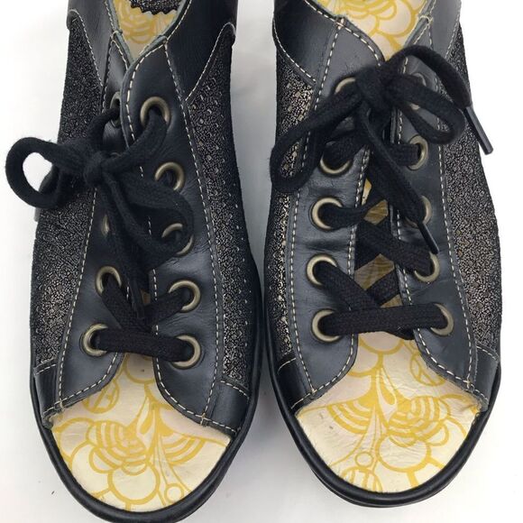 Fly London Black Metallic Perforated Leather Slingback Lace Up Chunky Wedges - Picture 9 of 16